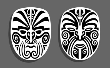 Pair of Maori face tattoos. Vector design elements. Native arts from New-Zealand. - obrazy, fototapety, plakaty