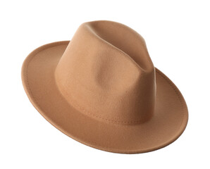 Stylish beige hat isolated on white. Trendy headdress
