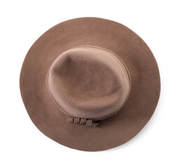 Stylish hat isolated on white, top view. Trendy headdress