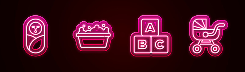 Set line Newborn baby infant swaddled, Baby bathtub, ABC blocks and stroller. Glowing neon icon. Vector