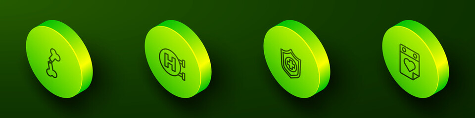 Set Isometric line Human broken bone, Hospital signboard, Life insurance in hand and Doctor appointment icon. Vector