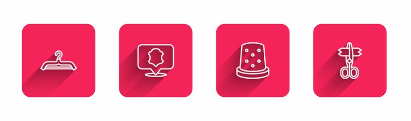 Set line Hanger wardrobe, Leather, Thimble for sewing and Scissors with long shadow. Red square button. Vector