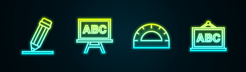 Set line Pencil with eraser, Chalkboard, Protractor grid and . Glowing neon icon. Vector