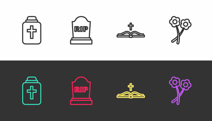 Set line Funeral urn, Tombstone with RIP written, Holy bible book and Flower on black and white. Vector
