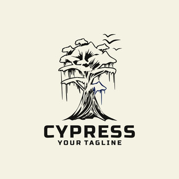 Tree Cypress Logo Design Illustrtion Floral Flowers Bird 