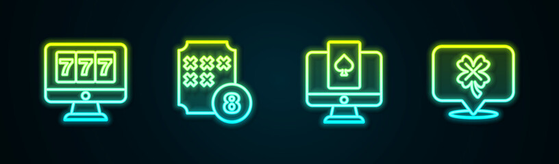 Set line Online slot machine with jackpot, Lottery ball on bingo card, poker table game and Casino clover. Glowing neon icon. Vector