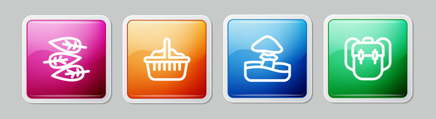 Set line Leaf or leaves, Basket, Mushroom and School backpack. Colorful square button. Vector