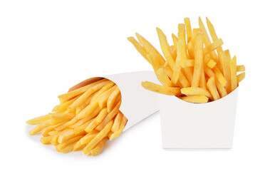 French fries in white paper box isolated on white background.