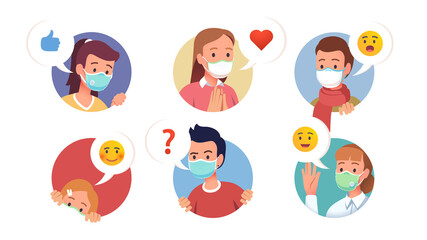 Cartoon character faces wearing masks collection 