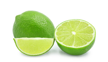 Whole and half with slice of fresh lime fruit isolated on white background.