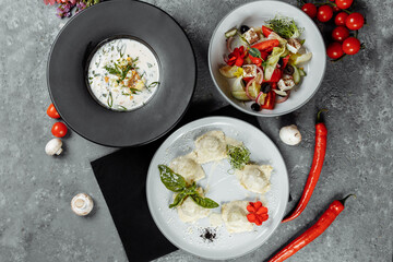 Three-course set menu for a nutritious healthy lunch in a restaurant, Three course set on a table in a business lunch, food set lunch
