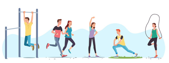 Athletes doing exercises, working out outdoors set