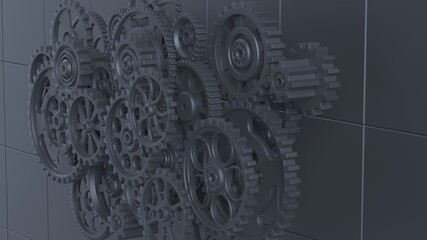 Mechanism black metallic gears and cogs at work on blue plate under spot light background. Industrial machinery. 3D illustration. 3D high quality rendering. 3D CG.