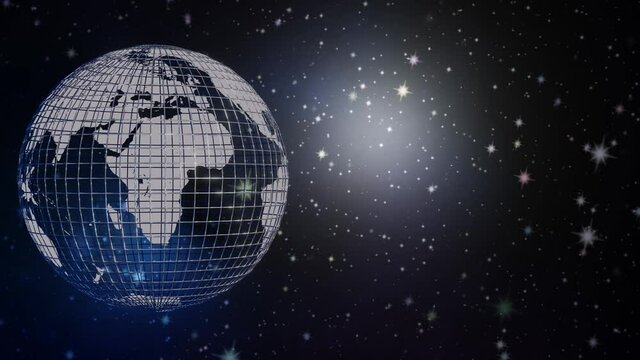 Rotating mock-up of the globe, a wire model with white continents against the backdrop of rotating universe with stars and a nebula. The earth will approach and reschedules. Suitable intro for news