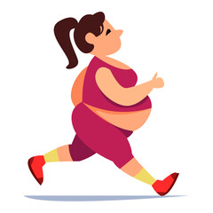 Fat woman goes in for sports in tight leggings and a T-shirt. Morning run. Portrait of a cute character. Vector illustration in cartoon children s style. Isolated funny clipart