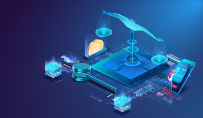 A woman reading a document. The concept of legislation on cryptocurrencies, legal regulation of cryptocurrencies or digital currency, the law on blockchain.  Signed document with bitcoin. Vector