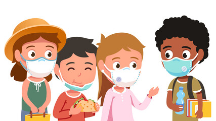School students kids in masks eating, chatting