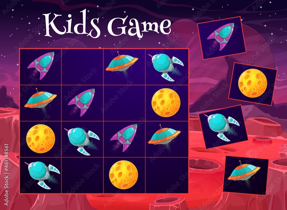 Poster space sudoku game. kids maze, children logical puzzle or rebus with cartoon vector ufo flying saucer