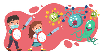 Girl, boy using swords, shields fight corona virus