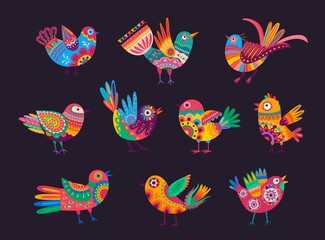 Mexican birds with colorful ornaments, feathers and tails. Vector alebrije birds, decorated with ethnic pattern of Mexico and floral motif with flowers and leaves. Mexican holiday elements