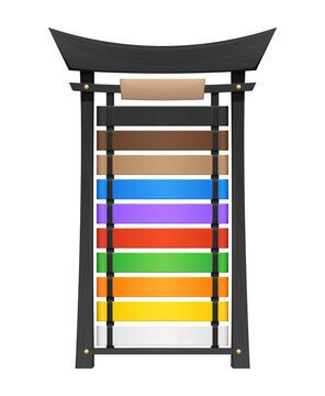 Karate belt display stand vector black wooden rack. Asian combat sport and martial arts equipment, wood holder with hanging colorful belts, karate kimono, fighter uniform