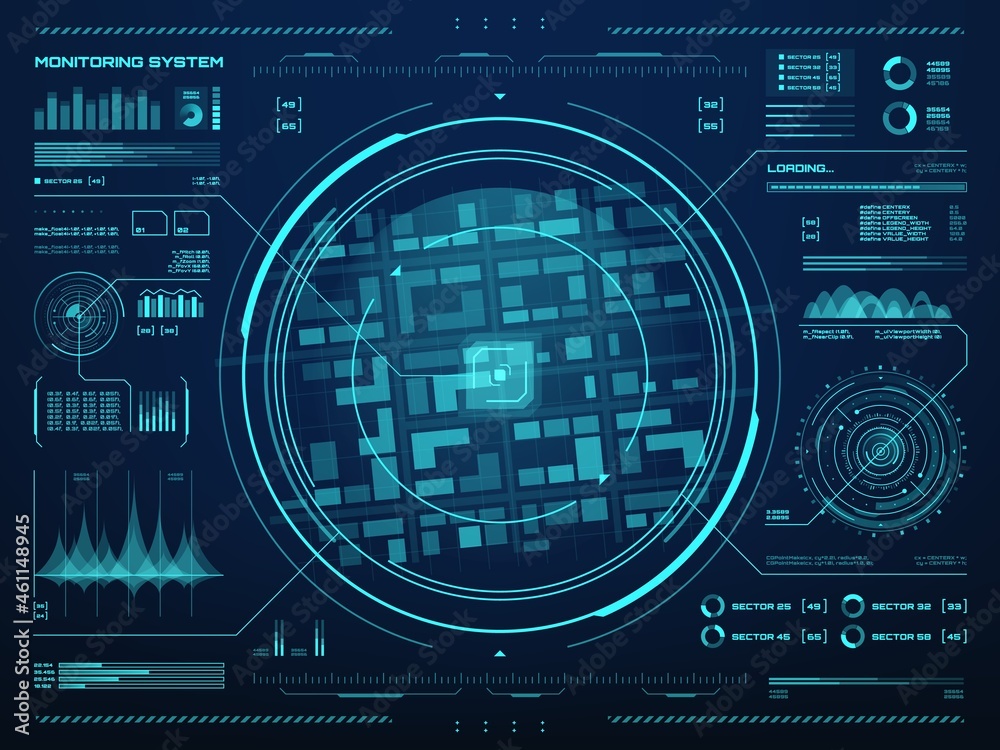 Leinwandbilder HUD security monitoring system technology digital interface with target or object location mark on glowing blue neon light screen with city blocks map, graphs and sound waves, data circular diagrams