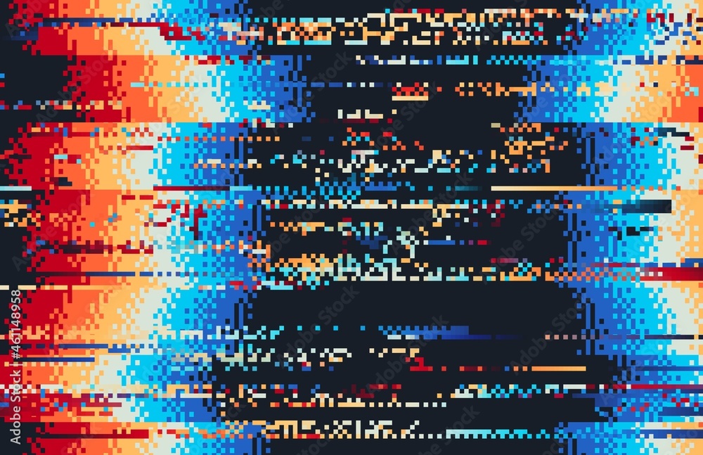 Leinwandbilder Screen error glitch video distortion with rainbow pixel noise vector pattern. TV static screen effect and broken VHS video texture abstract background with waves of color mosaics and lines