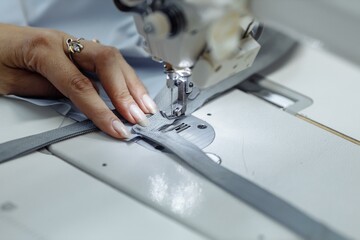 sewing machine scribbling fabric. tailoring at the factory