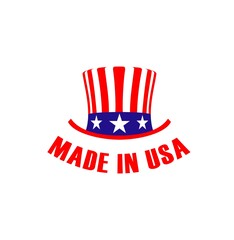 Made in Usa label with hat. Vector emblem with uncle Sam cap isolated on white background. Symbol of premium quality warranty, patriotism of United States, American manufactured product branding sign