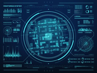 HUD security monitoring system technology digital interface with target or object location mark on glowing blue neon light screen with city blocks map, graphs and sound waves, data circular diagrams