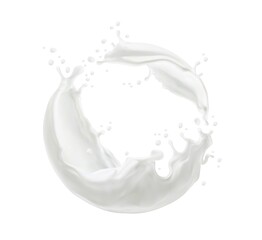 Fototapeta na wymiar Milk twister or swirl splash with splatters and white milky drops flow, realistic vector. Milk splash or cream drink pouring wave of liquid yogurt whirl for dairy products
