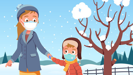 Fototapeta premium Family wearing masks walking in winter countryside
