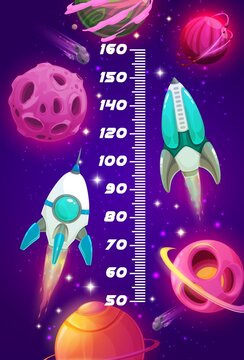 Galaxy kids height chart with vector space rockets and planets. Growth measure meter or stadiometer ruler sticker with cartoon background of dark space sky, spaceship and shuttle, stars and asteroids