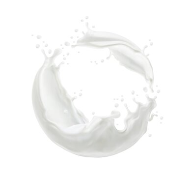 Milk Twister Or Swirl Splash With Splatters And White Milky Drops Flow, Realistic Vector. Milk Splash Or Cream Drink Pouring Wave Of Liquid Yogurt Whirl For Dairy Products