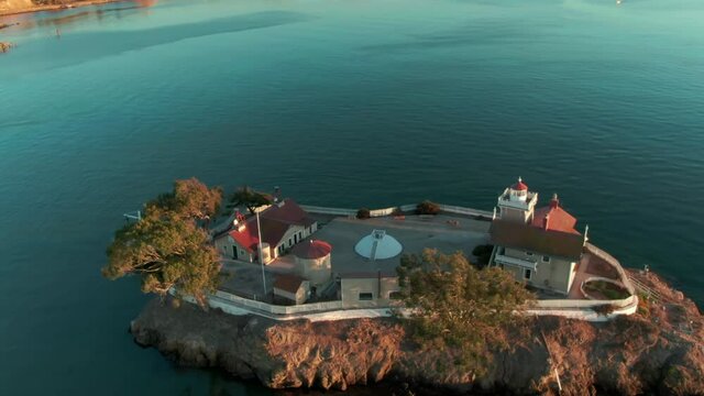 Aerial: The Brothers Lighthouse in the San Francisco Bay, Oakland, California, USA