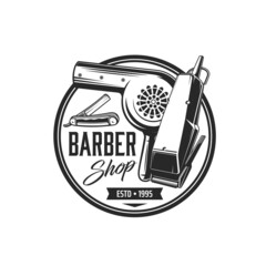 Barbershop icon. Vector barber shop razor blade, beard shaver, trimmer and hair dryer. Barber tool and hairdresser equipment isolated round symbol, barbershop and hairdresser salon emblem design