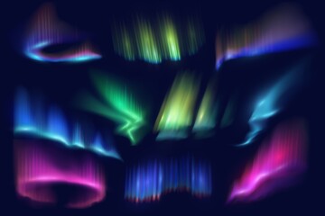 Northern polar lights and aurora borealis glow. Realistic vector waves and swirls of green, pink and blue auroras, shining northern and southern lights on dark night sky background, Arctic nature - obrazy, fototapety, plakaty