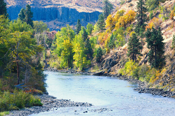 Yakima River winding past fall colors near Ellensburg Washington