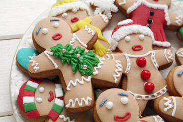 Obraz na płótnie Canvas Delicious Christmas cookies on white table, closeup