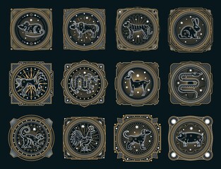 Chinese horoscope occult symbols with vector zodiac animals, signs of astrology calendar and Lunar New Year. Horse, pig, rat and tiger, monkey, snake, dog and dragon, ox, rabbit, rooster and goat