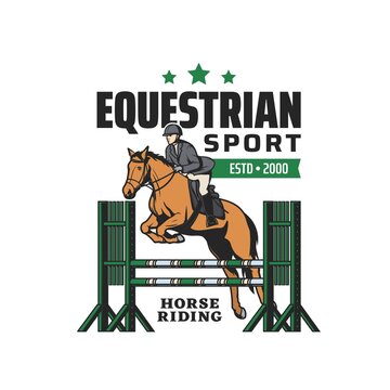 Horse Riding, Equestrian Sport And Steeplechase Races Tournament, Vector Emblem. Horse And Equine Rides Club Badge With Polo Or Jockey On Hippodrome, Premium Sport Club Sign