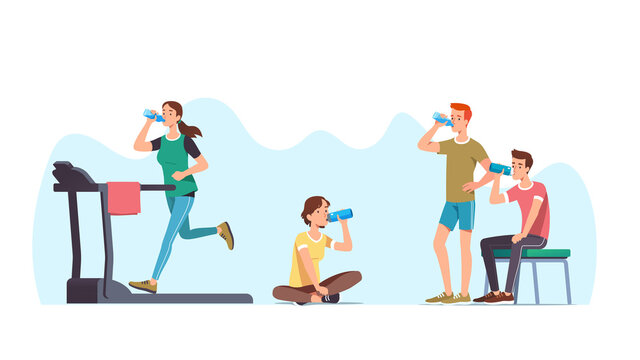 Athletes doing exercises, resting drinking water