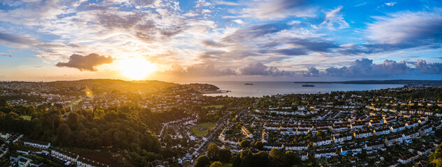 Panorama of Sunrise over Torquay from a drone, Torbay, Devon, England, Europe