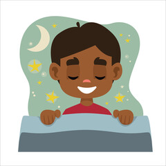 A dark-skinned boy sleeps in his bed and has a dream. A cloud with stars and a moon above the child s head. Vector illustration in cartoon style fun.
