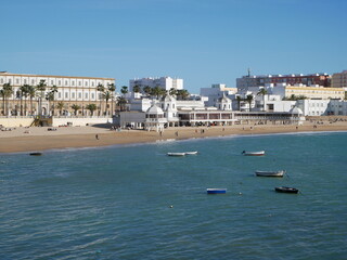 View of La Caleta Beach in C&aacute;diz, Andalusia, Spain. With sea, sand and boats.