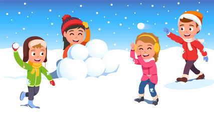 Kids friends playing snowball fight together