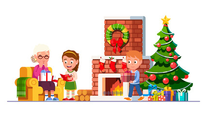 Kid giving New Year holiday present to grandmother