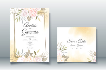 Elegant wedding invitation cards template with pink and blush roses design Premium Vector	