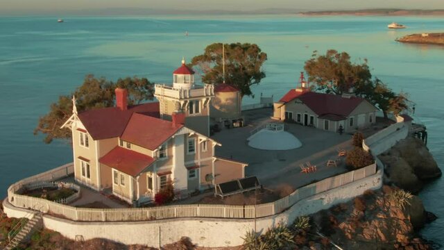 Aerial: The Brothers Lighthouse in the San Francisco Bay, Oakland, California, USA