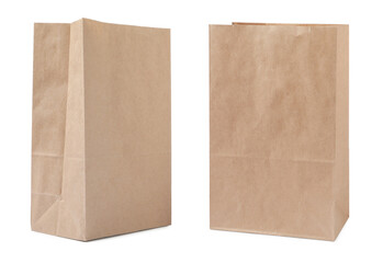 Open kraft paper bags on white background, collage